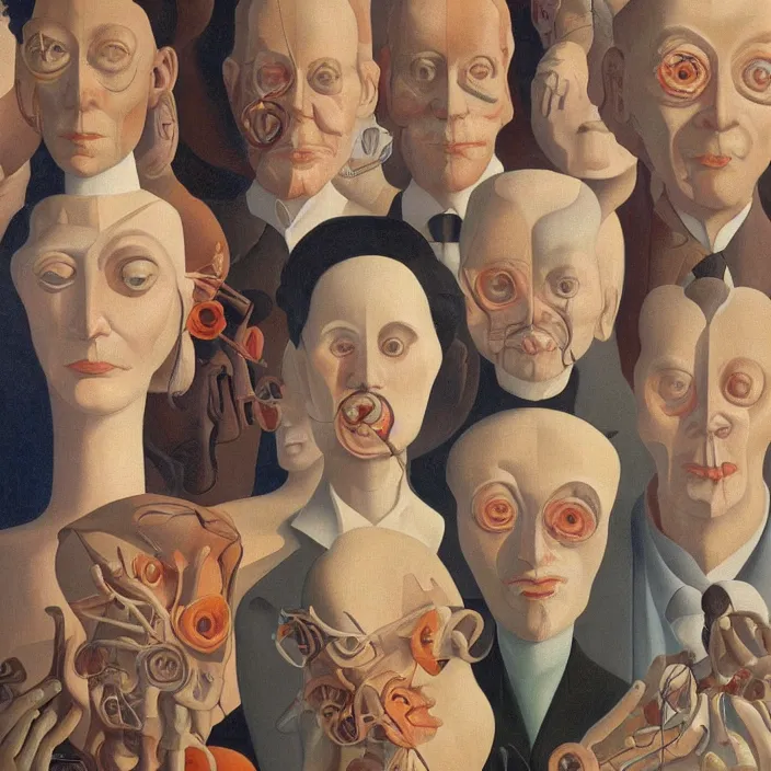 Prompt: group of people pictured in afternoon light, close - up of the faces, anatomically and proportionally correct, surrealist oil painting by james jean, dora maar and rene magritte, detailed, cgsociety,