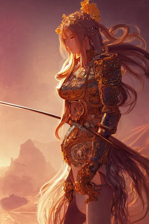 Image similar to portrait knights of zodiac girl, golden and copper shining armor, bushido katana, in ruined agora of athens sunrise, ssci - fi and fantasy, intricate and very very beautiful and elegant, highly detailed, digital painting, artstation, concept art, smooth and sharp focus, illustration, art by tian zi and wlop and alphonse mucha