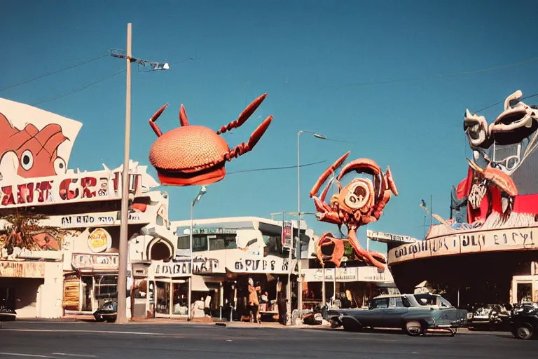 Image similar to 2 0 1 5 giant crab terrorizing a city, googie architecture, americana, fishcore, exterior photography, hd 8 k, photography cinestill