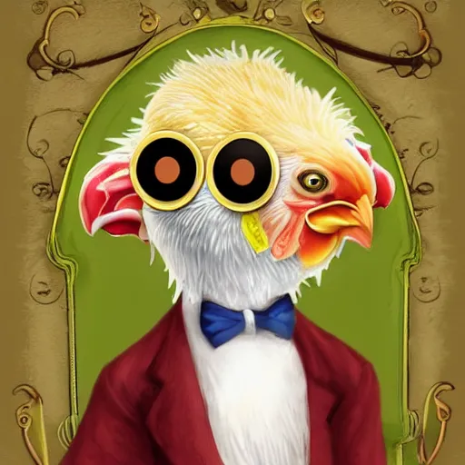 Image similar to a chicken butler with a fancy mustache and a monocle, highly detail, digital art, accurate anatomy,