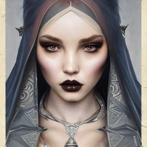 Prompt: tom bagshaw, very beautiful genetic mix of dove cameron madison beer bella poarch in a gorgeous assassin nightshade armor, gothic makeup, professionally retouched, focus eyes, ultra realistic soft painting, insanely detailed linework, partial symmetrical accurate intricate features, behance artstation, 8 k