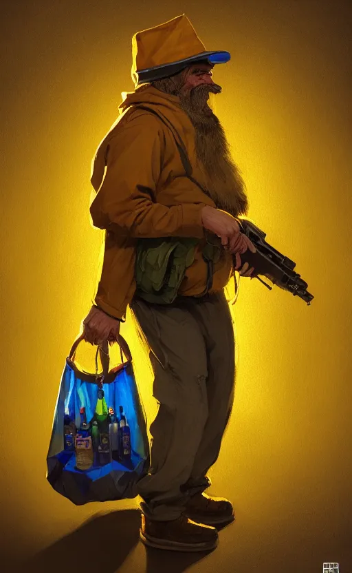 Image similar to hobocop with yellow plastic bag full of bottles from the disco elysium, concept art by aleksander rostov, oil painting, artstation trending, symmetry, awesome exposition, very detailed, highly accurate, intricate, professional lighting diffracted lightrays, 8 k, sense of awe, gamers magazine cover