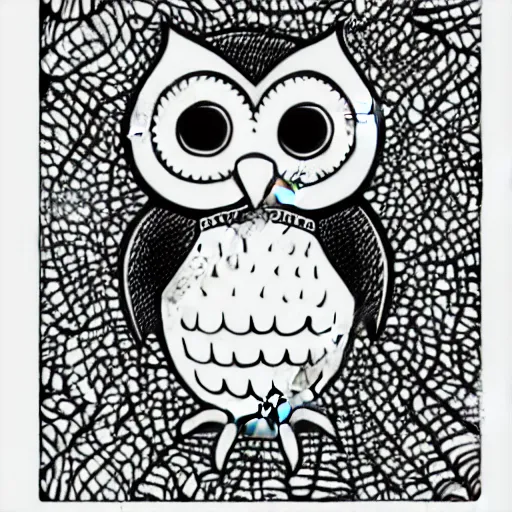 Prompt: wise funny owl in a comic cartoon style, walking in a wood, black and white line art,