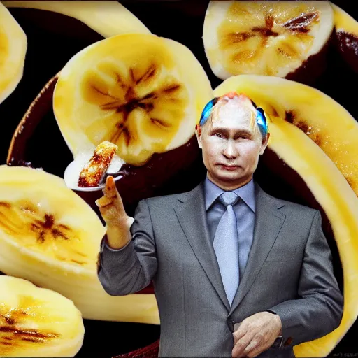 Image similar to vladimir putin endorsing a creme brulee with banana slice on top, digital art