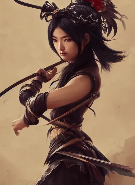 Image similar to a highly detailed illustration of fierce black haired mongol warrior woman with bow, heroic shooting bow pose, perfect hyperdetailed face, intricate, elegant, highly detailed, centered, digital painting, artstation, concept art, smooth, sharp focus, league of legends concept art, wlop.