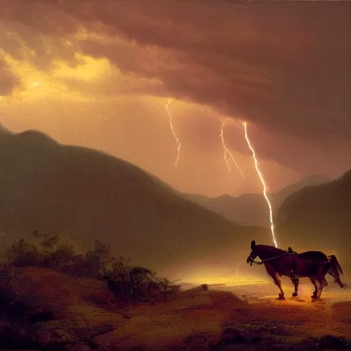 Prompt: woman on a donkey gazing at a lightning bolt in the distance in a valley, heavy rain approaching, John Harris, crisp lighting, breathtaking detail, cinematic