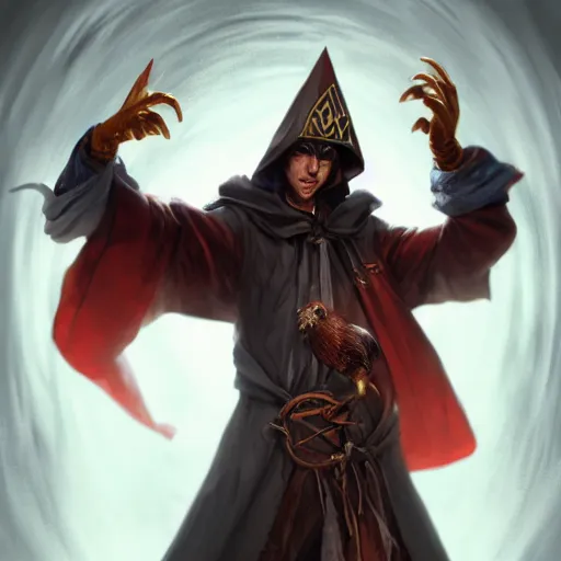 Prompt: Anthropomorphized Chicken magician casting spell, magic the gathering artwork, cloak, hat, D&D, fantasy, cinematic lighting, centered, symmetrical, highly detailed, digital painting, artstation, concept art, smooth, sharp focus, illustration, volumetric lighting, 8k, art by Akihiko Yoshida and Greg Rutkowski