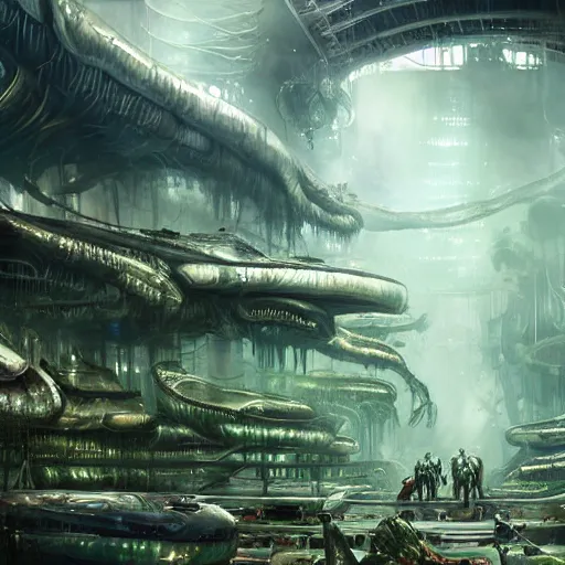 Image similar to epic alien jungle inside a giant laboratory by raymond swanland