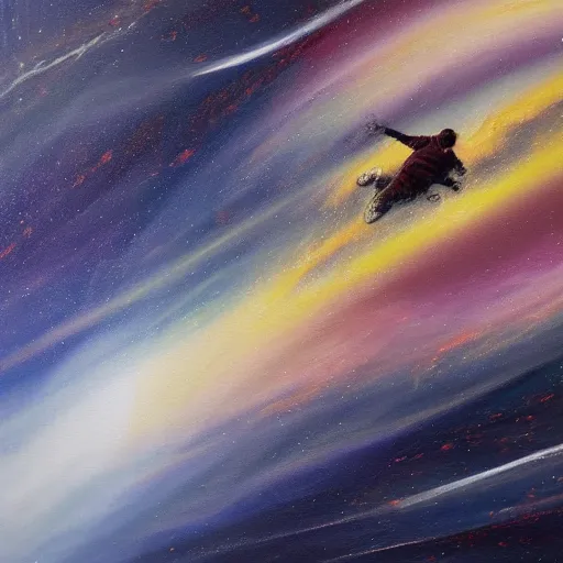 Prompt: a man zooming through the fabric of space, dramatic oil painting, detailed