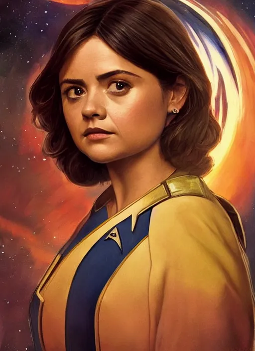 Image similar to jenna coleman as a star trek captain, a still from star trek painted by artgerm and greg rutkowski and alphonse mucha. clear highly detailed face, beautiful sci fi art