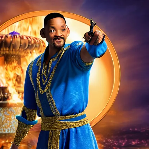 Image similar to will smith as the genie from alladin with a pistol, photo realistic, 8 k, detailed, will smith, alladin