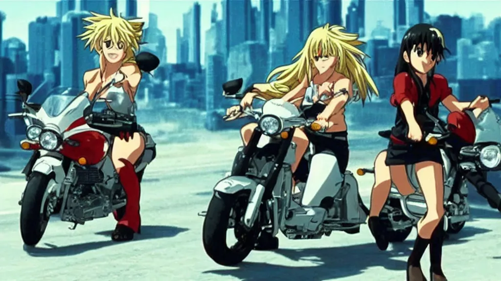 Image similar to shakira in a motorcycle in a scene of the anime movie Akira.