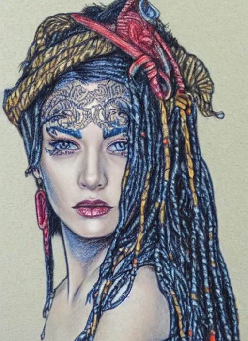 Image similar to full body detailed colored pencil drawing of a beautiful pirate female with a beautiful face wearing intricate clothing