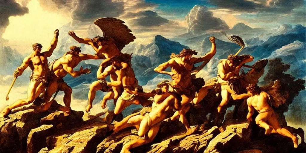 Image similar to amazing ancient landscape photo of greek gods fighting on top mount olympus, beautiful dramatic lighting