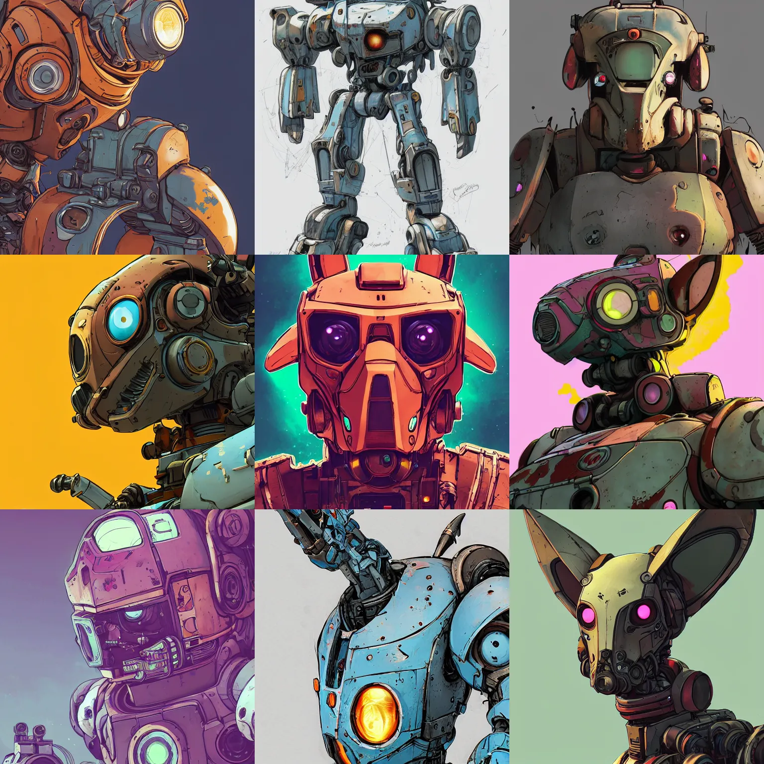 Prompt: a study of cell shaded portrait of a mech robot rabbit close up as Borderlands 3 concept art, llustration, post grunge, concept art by josan gonzales and wlop, by james jean, Victo ngai, David Rubín, Mike Mignola, Laurie Greasley, highly detailed, sharp focus, alien, Trending on Artstation, HQ, deviantart, art by artgem