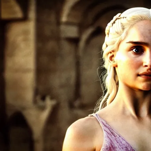 Image similar to a selfie of daenerys targaryen played by a young natalie portman with smooth skin and light violet eyes, ethereal, mystic, medium shot, detailed eyes, vivid, golden hour