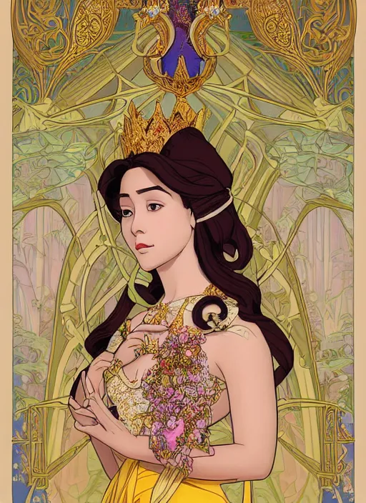 Image similar to well - lit art nouveau portrait of queen sirikrit of thailand, winatural lighting, path traced, real face, thai elegant traditional costume, highly detailed, high quality, cartoon, digital painting, by don bluth and ross tran and studio ghibli and alphonse mucha