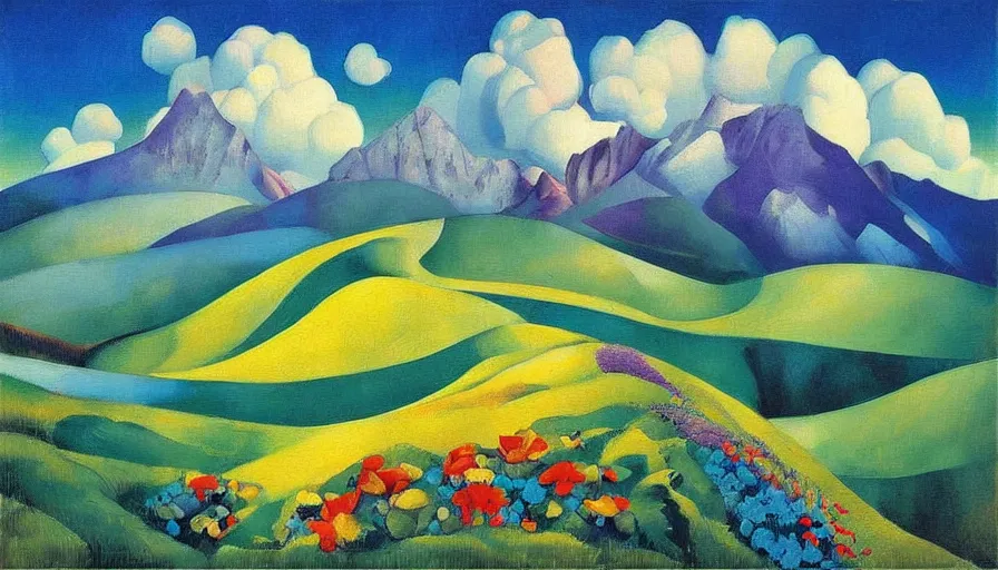 Image similar to mountain landscape in spring!!, flowers, teal landscape, dreamy light, sunny complementary palette, by and jacek yerga and tamara de lempicka and jesse king, pop surrealist, wiccan