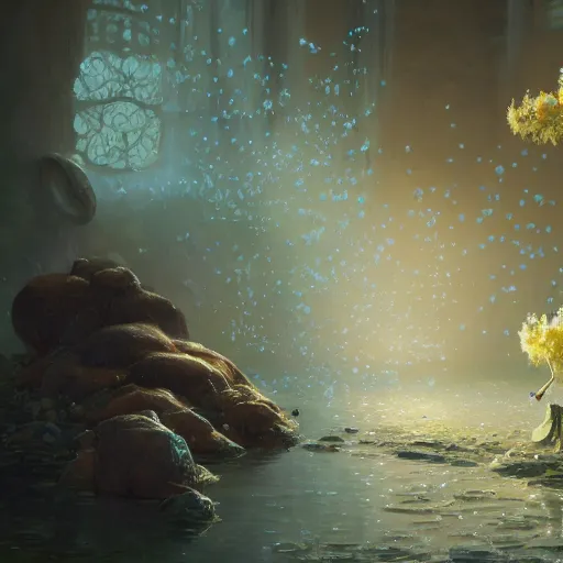 Image similar to Concept art, Jasmine flowers in shiny bubbles, 8k, james gurney, greg rutkowski, john howe, artstation