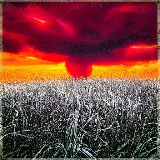 Image similar to a cyclone made from rum rips through a sugarcane field, thunder and lightning dancing in the sky, digital art