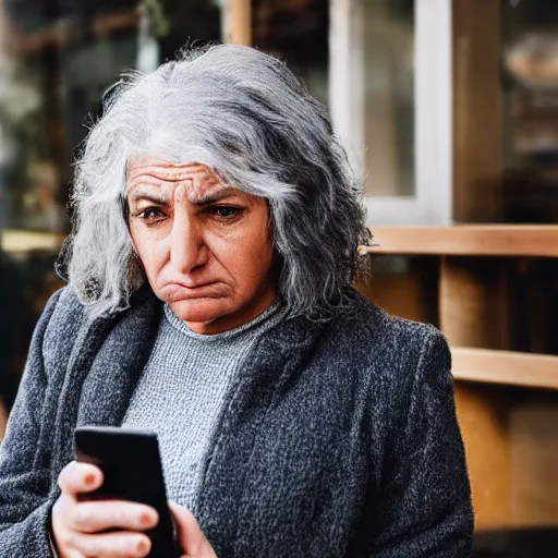 Prompt: astonished middle aged lady looking at smartphone angrily, wild hair, greek ethnicity, straight grey hair, angry eyes,