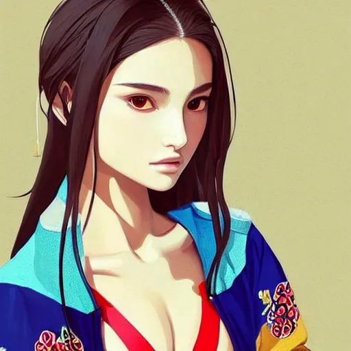 Image similar to a beautiful young japanese natalie portman alluring gravure model, stylized concept art, wearing elegant designer bomber jacket and one piece bikini, bomber jacket with mesoamerican patterns, mesoamerican native street fashion, princess mononoke, painted by ilya kuvshinov aesthetic, gorgeous, stunning, alluring, attractive, artstation, pinterest, digital art