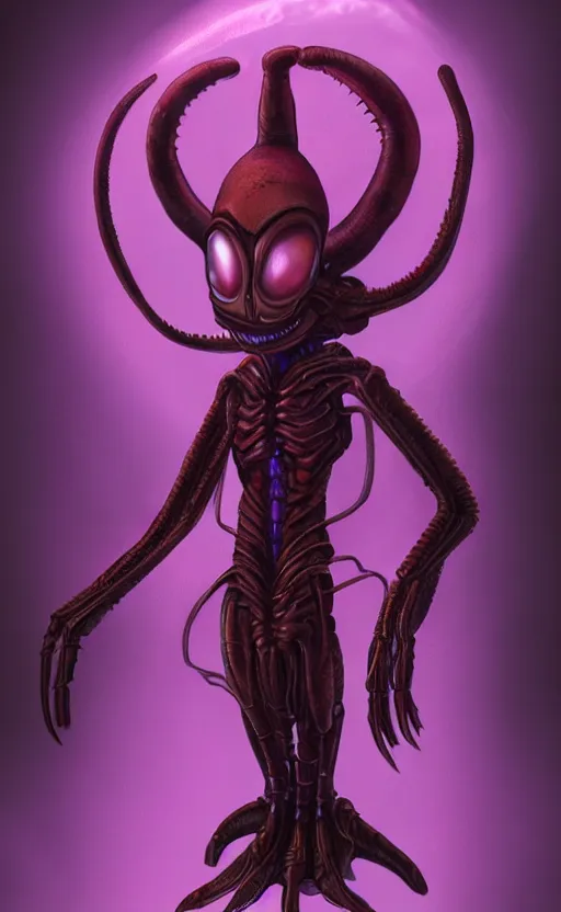 Image similar to character portrait art, ant alien, trending in artstation, purple color lighting