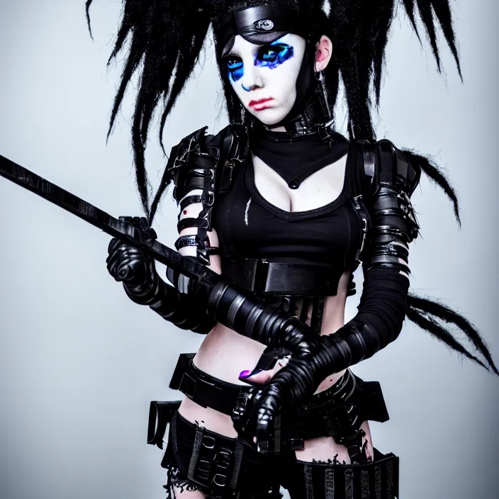 Prompt: full length photo of a real - life beautiful cybergoth warrior, 8 k, hdr, smooth, sharp focus, high resolution, award - winning photo