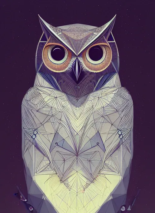 Image similar to portrait of a geometric owl, identical eyes, medium shot, illustration, full body made of white feathers, symmetrical, art stand, super detailed, cinematic lighting, and its detailed and intricate, gorgeous, by peter mohrbacher