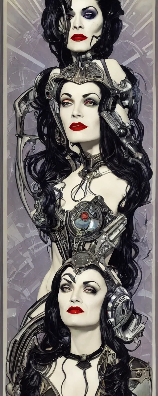 Image similar to a beautiful and captivating sci - fi art nouveau style portrait of lily munster as a futuristic gothpunk rebel soldier by chris achilleos, travis charest and alphonse mucha, mixed media painting, photorealism, extremely hyperdetailed, perfect symmetrical facial features, perfect anatomy, ornate declotage, circuitry, technical detail, confident expression, wry smile