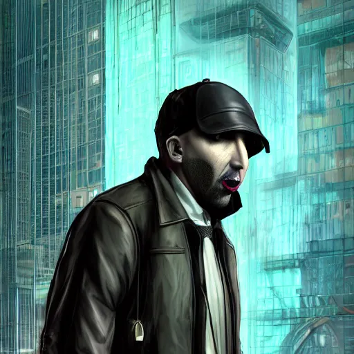 Image similar to portrait isometric drawing, Marilyn Manson as Aiden Pearce character from Watch Dogs game, cyberpunk, intricate, epic lighting, cinematic composition, hyper realistic, 8k resolution, unreal engine 5, by Artgerm, tooth wu, dan mumford, beeple, wlop, rossdraws, James Jean, Andrei Riabovitchev, Marc Simonetti, yoshitaka Amano, Artstation