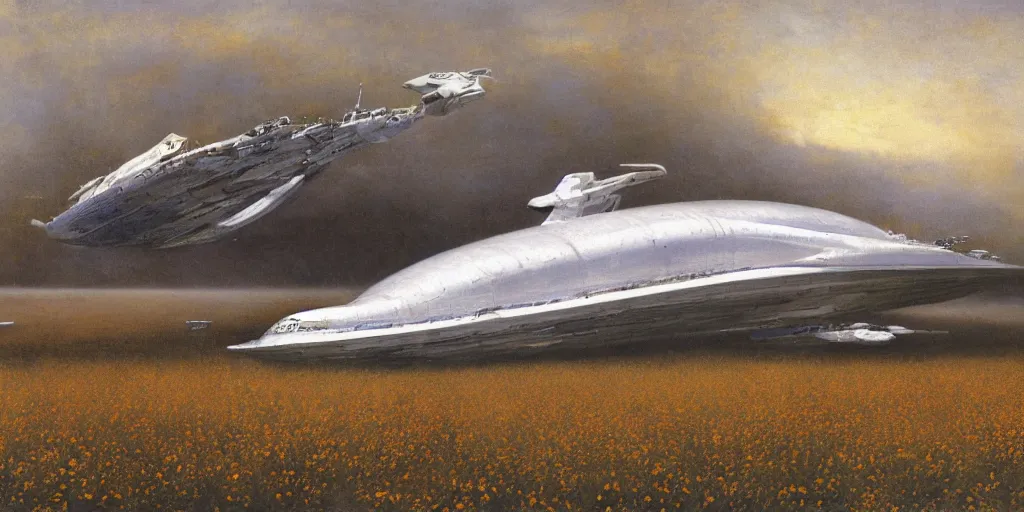 Image similar to Fernand Khnopff advanced white giant spaceship starship battlestar airship landed laying in center on tansy wormwood field, snowy mountain afar by Fernand Khnopff by john berkey, oil painting, concept art