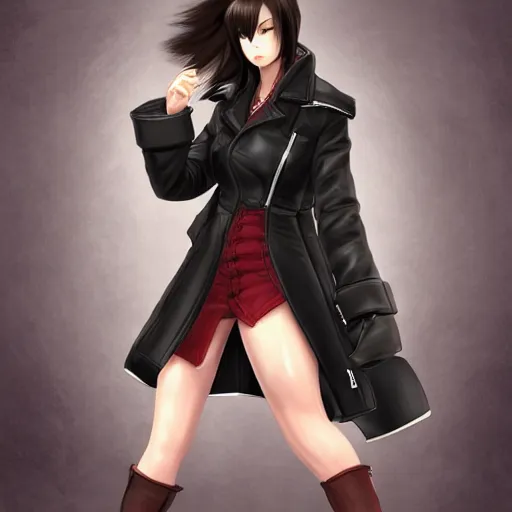 Prompt: high quality head and shoulders tifa lockhart wearing a coat, trending on artstation