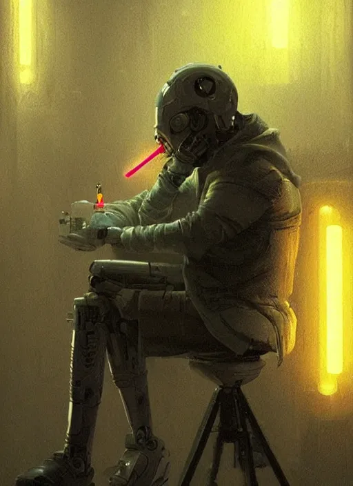 Image similar to a robotic man smoking a cigarette, cyberpunk, glowing lights, detailed artwork trending on artstation by greg rutkowski