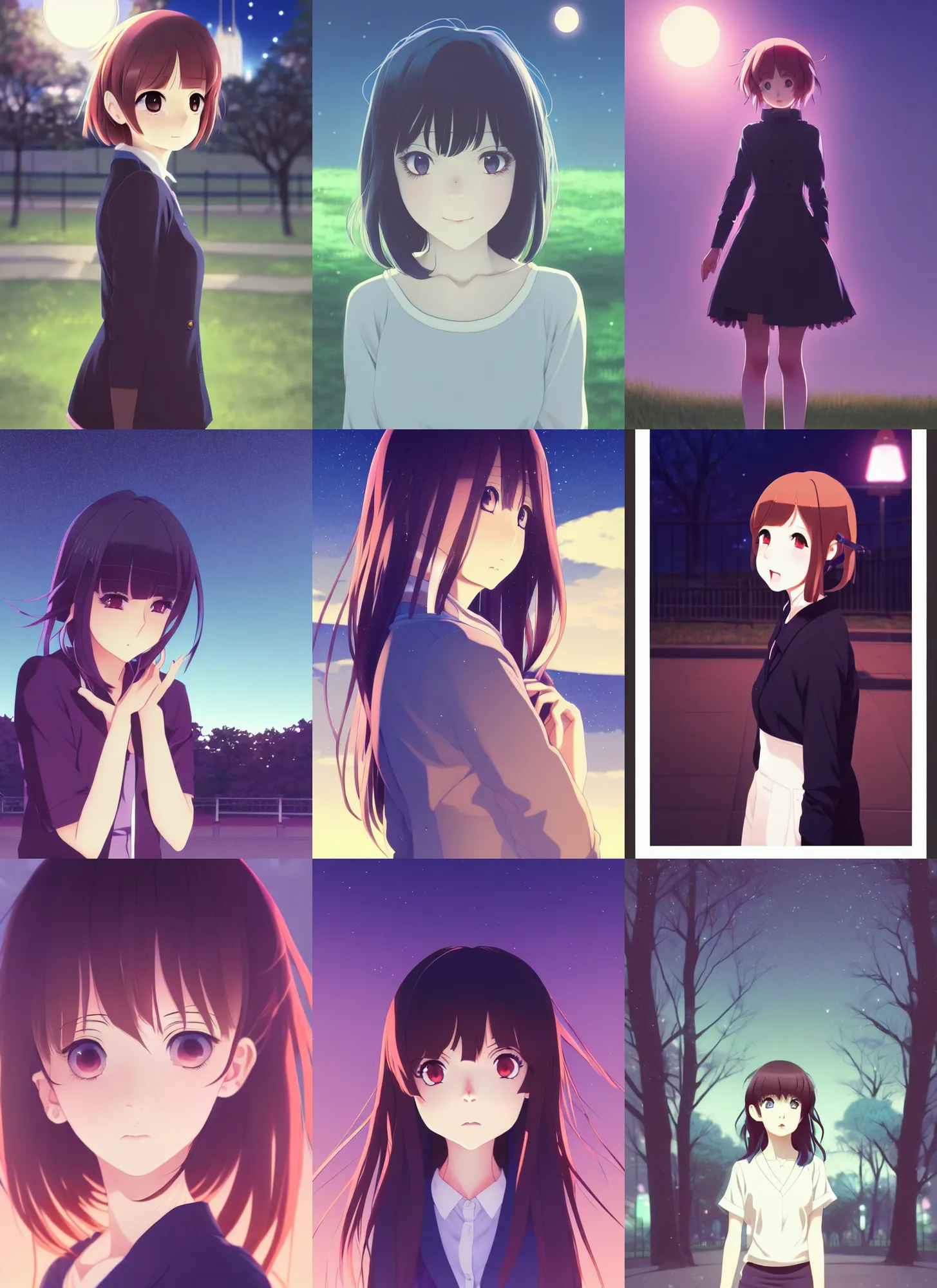 Prompt: anime visual, portrait of a young female at the park at night, low light, cute face by ilya kuvshinov, yoh yoshinari, makoto shinkai, dynamic pose, dynamic perspective, matte print, cel shaded, flat shading mucha, rounded eyes, moody, detailed facial features, boogiepop phantom