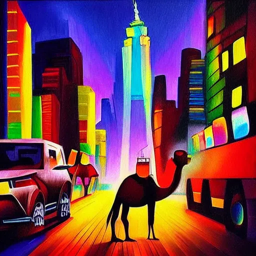Prompt: “A colourful exotic camel caravan is traveling through the foggy streets of new york. It's nighttime. a futurism style painting ” W 832
