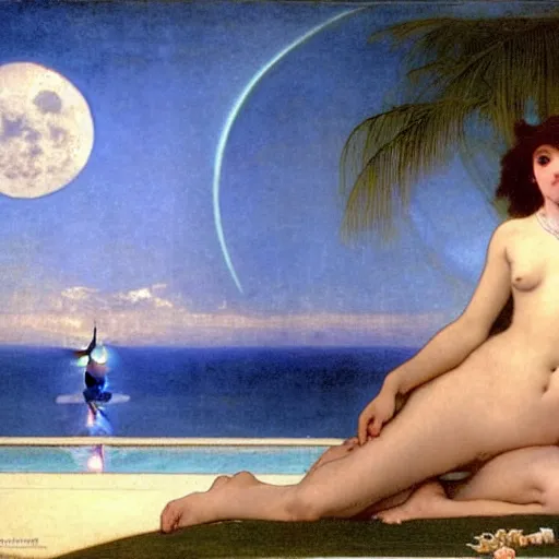 Image similar to Moon girl at the palace, thunderstorm, greek pool, beach and palm trees on the background major arcana sky, by paul delaroche, alphonse mucha and arnold böcklin arnold böcklin hyperrealistic 8k, very detailed