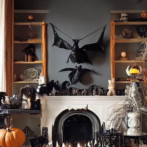 Image similar to a realistic photo of a fireplace mantle decorated for halloween, with black bats on the wall, and pumpkins on the floor, photorealism, dramatic lighting