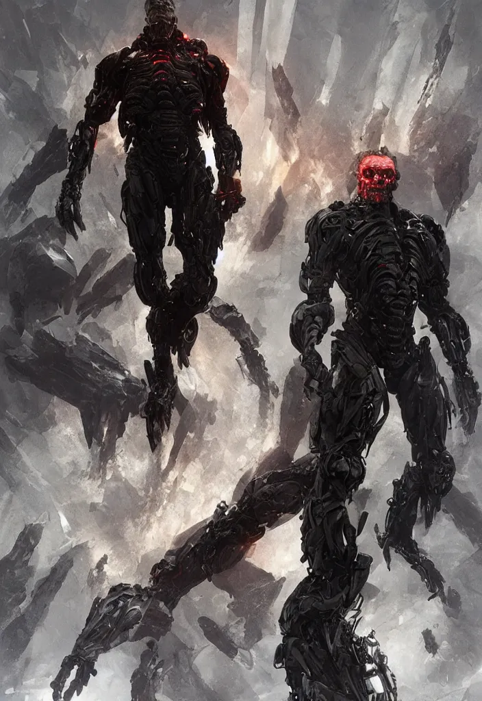 Image similar to willem dafoe as victor stone, full body concept, cyborg, borg, strogg, face of a man, terminator, flesh, quake strogg, doom demon, wolfenstein, monstrous, symmetry, symmetrical, concept art by ruan jia and greg rutkowski