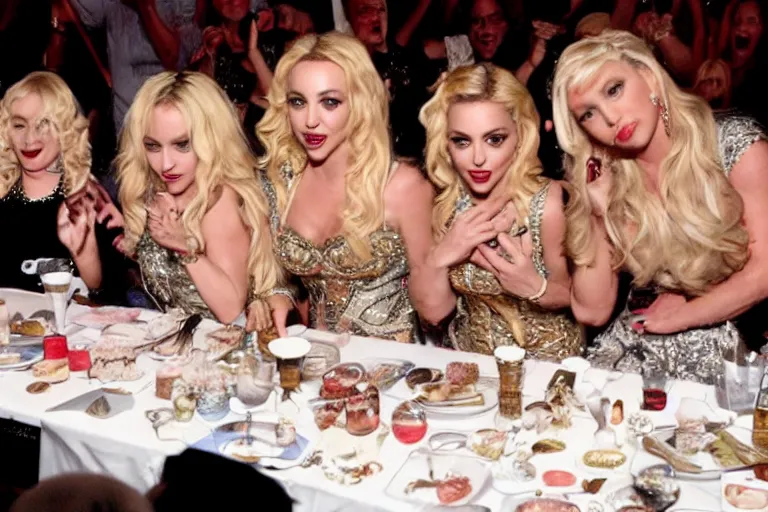 Image similar to Madonna, Britney Spears, Katy Perry, Gaga and Taylor Swift at the last supper