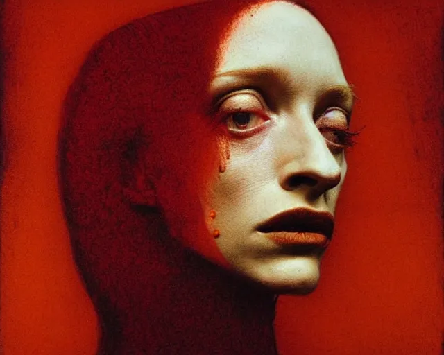 Image similar to by francis bacon, beksinski, mystical redscale photography evocative lips. kat dennings uma thurman christina hendricks tilda swinton