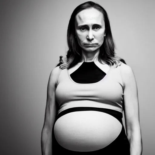 Prompt: photo of a pregnant vladimir putin, hands on pregnant tummy, wearing a crop top, zeiss 1 5 0 mm