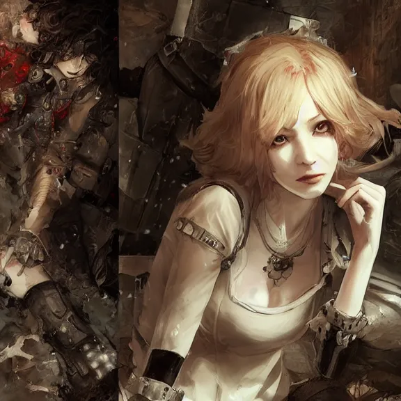 Image similar to christina hendricks!!! goth, tankoban, 4 k, tone mapping, akihiko yoshida, james jean andrei riabovitchev marc simonetti, yoshitaka amano, long hair, curly, h. hydrochaeri