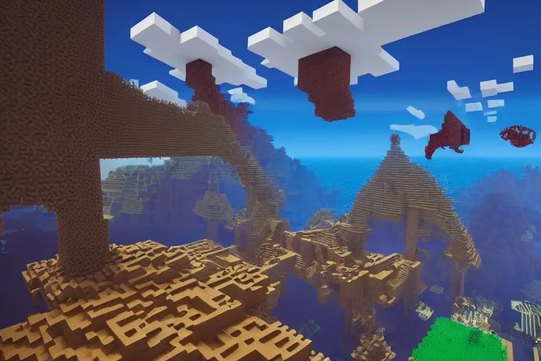 Image similar to giant squids battling in the sky, minecraft, 3 d render cinestill, highly detailed, 4 k