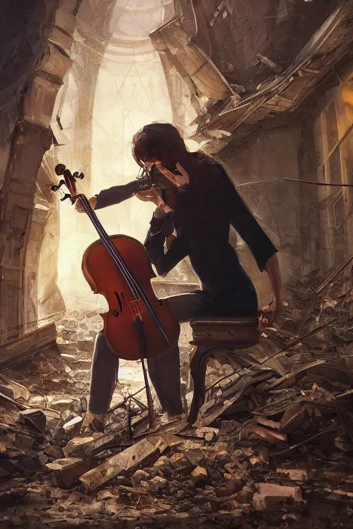 Image similar to a portrait of a cellist playing in the rubble of a fallen building, beautifully lit, slightly surreal, concept art, sharp focus, artstation