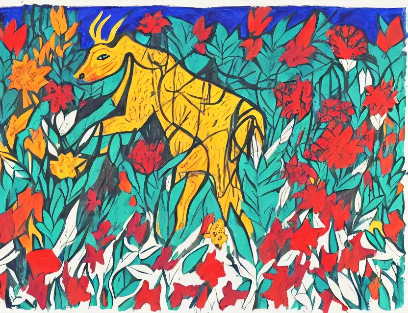 Prompt: animal god of ( ( ( flowers ) ) ) in the winter!!! woods. gouache, limited palette with complementary colors, children's cartoon from the 2 0 0 0 s, backlighting, bold composition, depth of field.