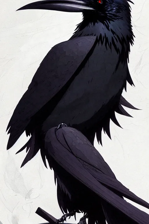 Image similar to raven headed warlock doing magic spells wind, white robes, finely detailed perfect face, exquisite details, mid view, design on a white background, by studio muti, greg rutkowski makoto shinkai takashi takeuchi studio ghibli