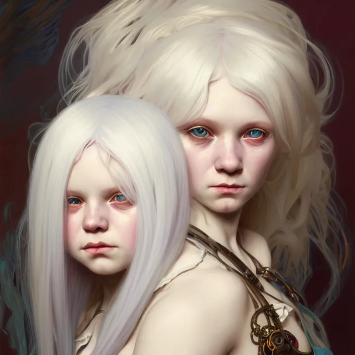 Image similar to excellent painted portrait of a albino girl with white hair, steampunk art, character artwork, 8k resolution artwork, trending on artstation, detailed oil painting portrait, art by artgerm and greg rutkowski and alphonse mucha and craig mullins and James Jean and Andrei Riabovitchev and Marc Simonetti and peter mohrbacher, matte painting