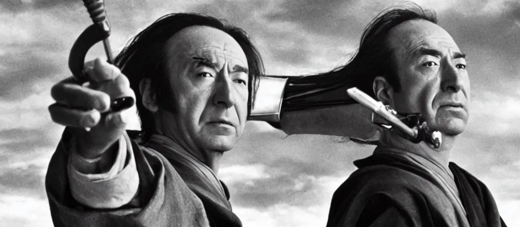 Image similar to A still of Saul Goodman as a samurai in an Akira Kurosawa film, black and white, epic