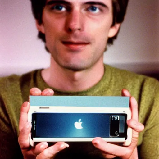 Prompt: a 1980's picture of a man holding an Iphone, Iphones in the 1980s, old photograph, advertisement for the Apple Iphone, 480p resolution